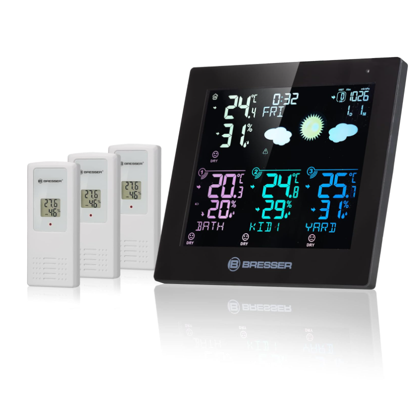 BRESSER Quadro Neo C Thermo- und Hygrometer mit 3 Außensensoren und Wettervorhersage